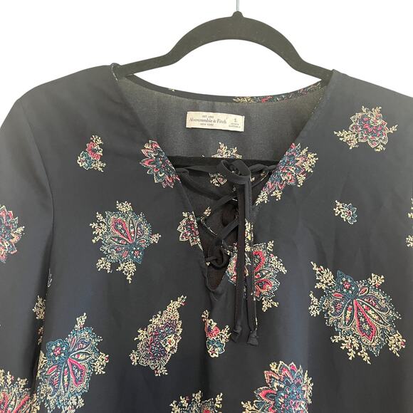 Abercrombie & Fitch Floral Lace Up V-Neck Flared Long Sleeve Blouse Black Size S - Picture 5 of 7